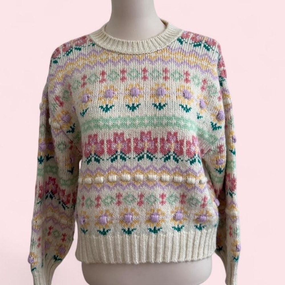 Mango Pastel Floral Fair Isle Sweater | Bobble‎ Detail | Size M
